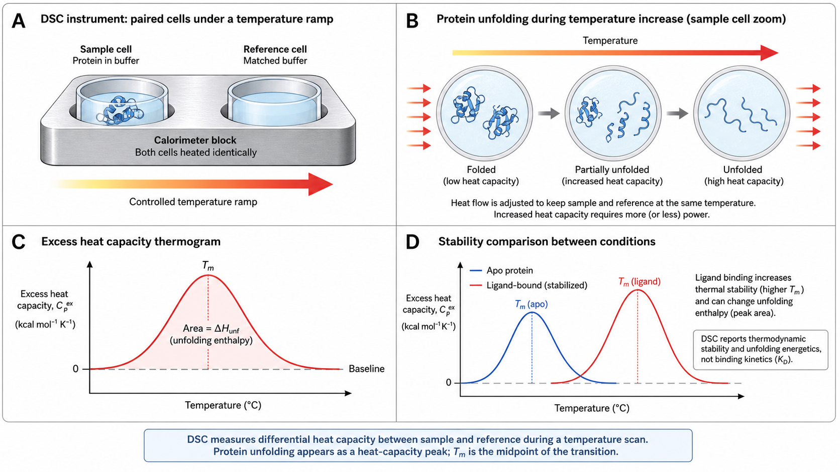 Figure 1 schematic explaining differential scanning calorimetry: matched sample and reference cells heated through a temperature ramp, excess heat capacity during protein unfolding, and DSC thermogram readout with Tm and transition enthalpy